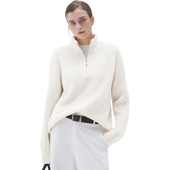 Sweaters - Women White Oversized Cashmere Collared Ribbed Long Sleeve Sweater